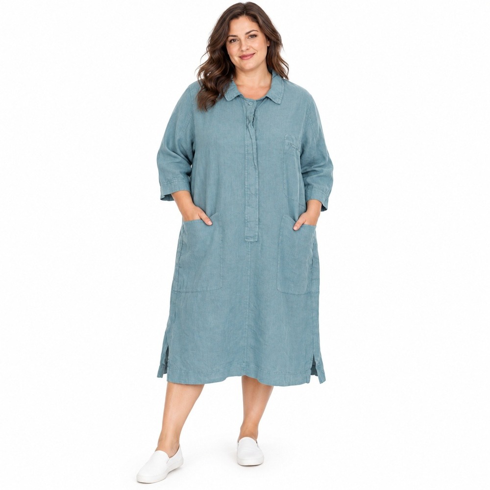 Poetry Shirt Dress Women Plus 16 Relaxed Midi Pockets Teal Blue Linen Lagenlook